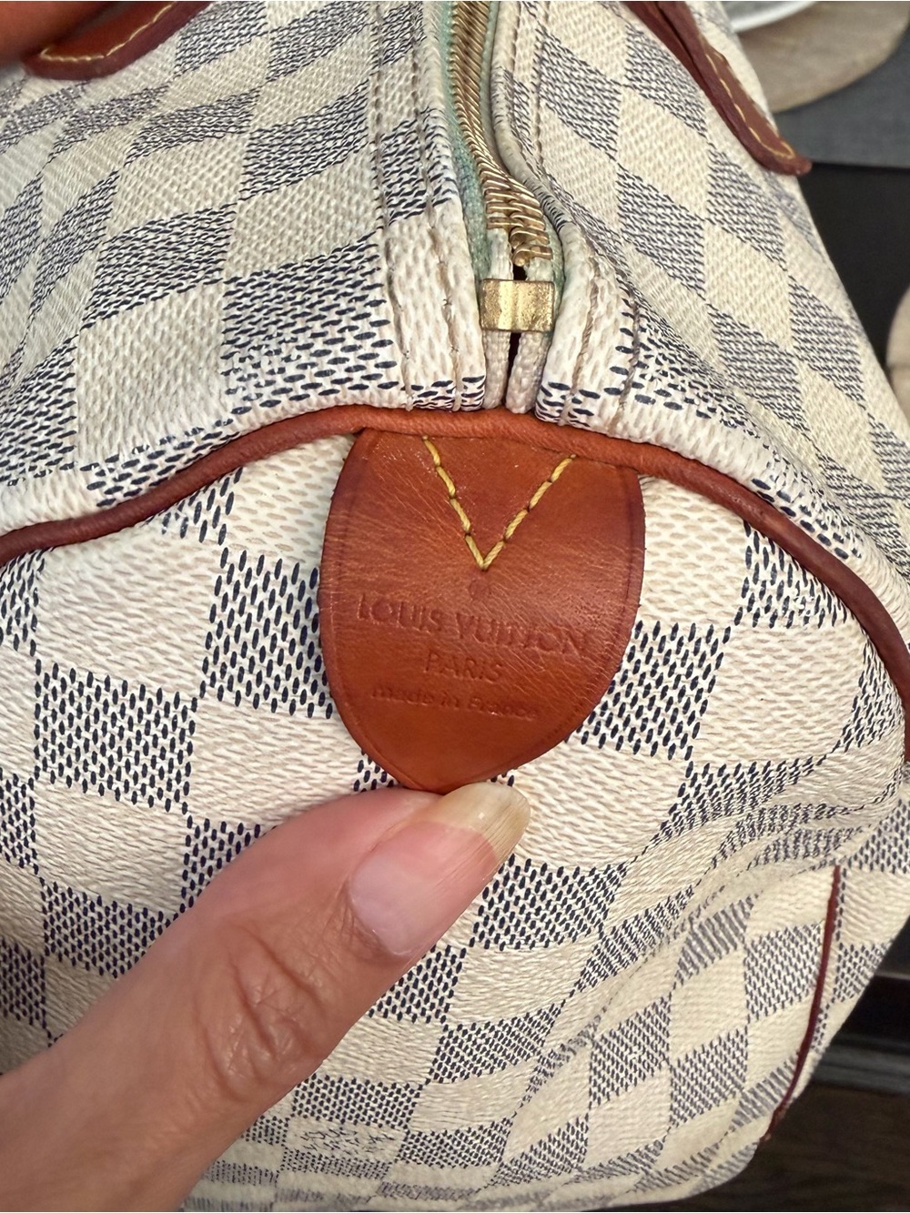Classic Checkered Travel Bag Speedy 35 in Cream & Gray with Brown Trim - Picture 14 of 15